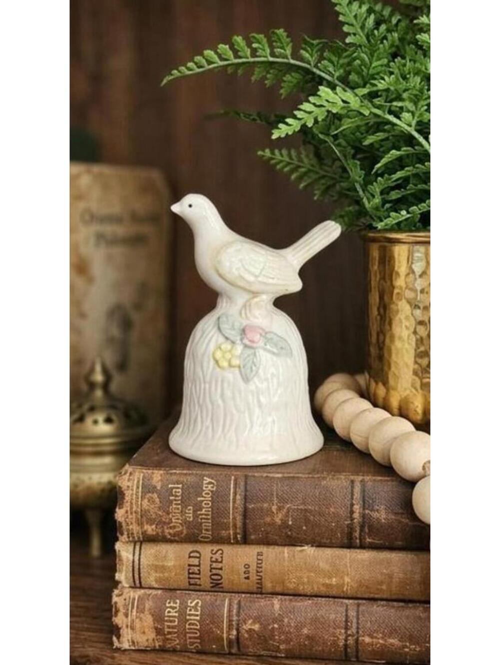 Vintage Porcelain Bird Bell Hand Painted 3D Floral Relief Rose & Yellow Flower